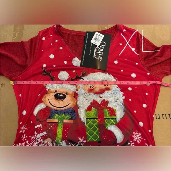 Onque Casual Santa and Reindeer Christmas Top w/ Sparkling Embellishments - Picture 15 of 15